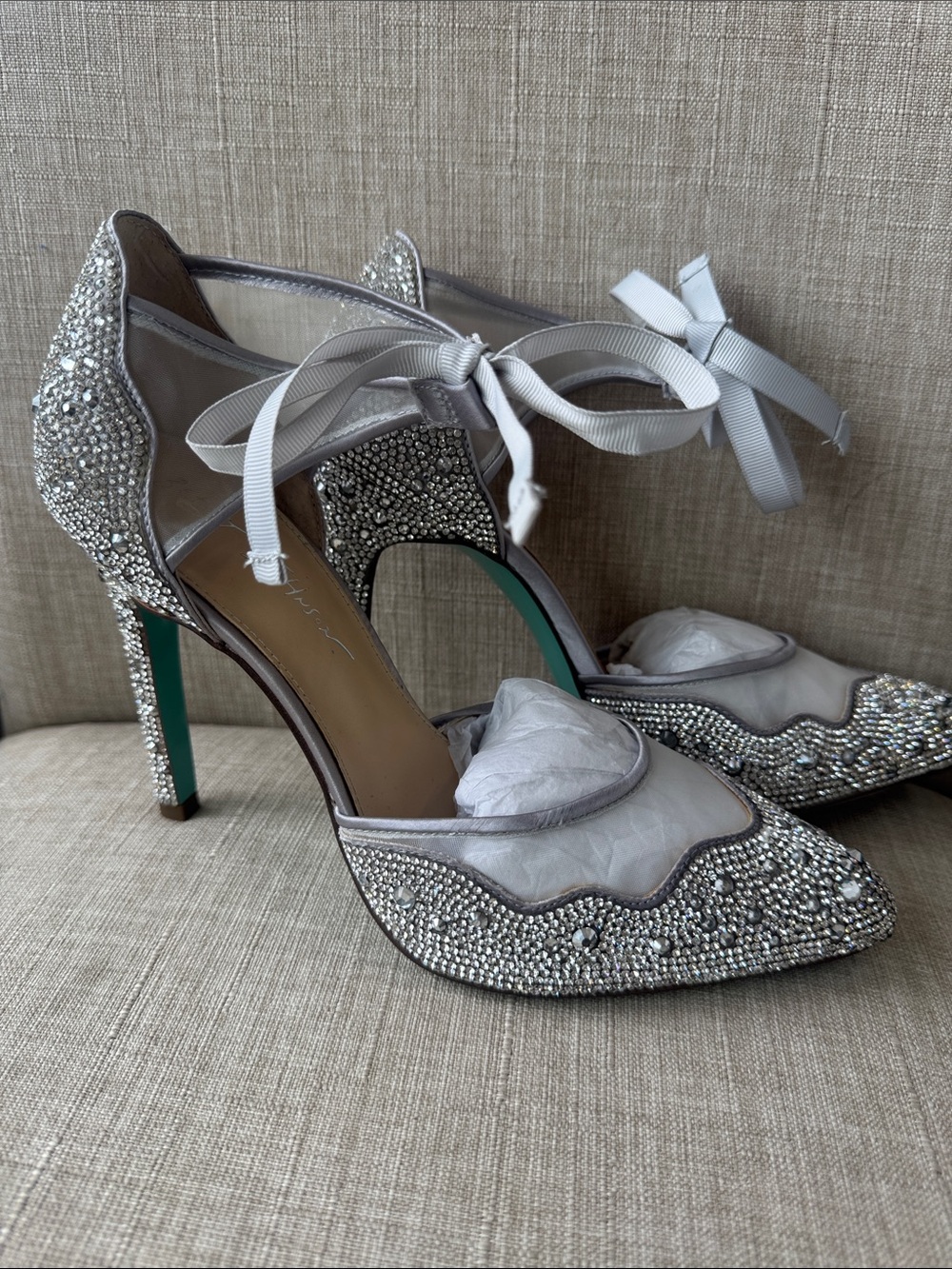 Betsey Johnson Silver Crystal Rhinestone Pointed Toe Heels with Ribbon Ankle Tie